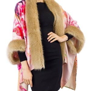Jessica McClintock floral kimono with faux fur trim OSFM S-XL